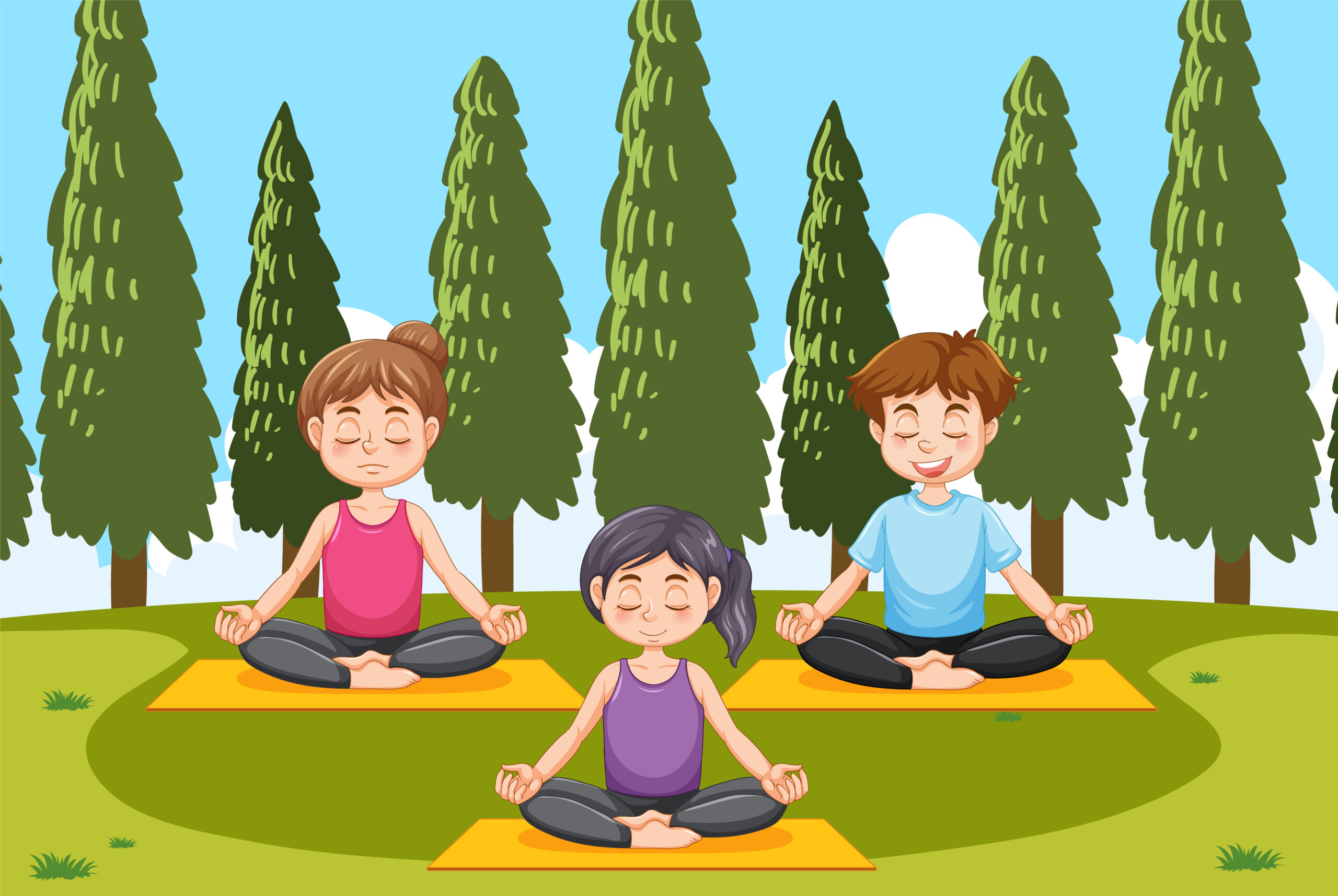 People doing yoga at park illustration